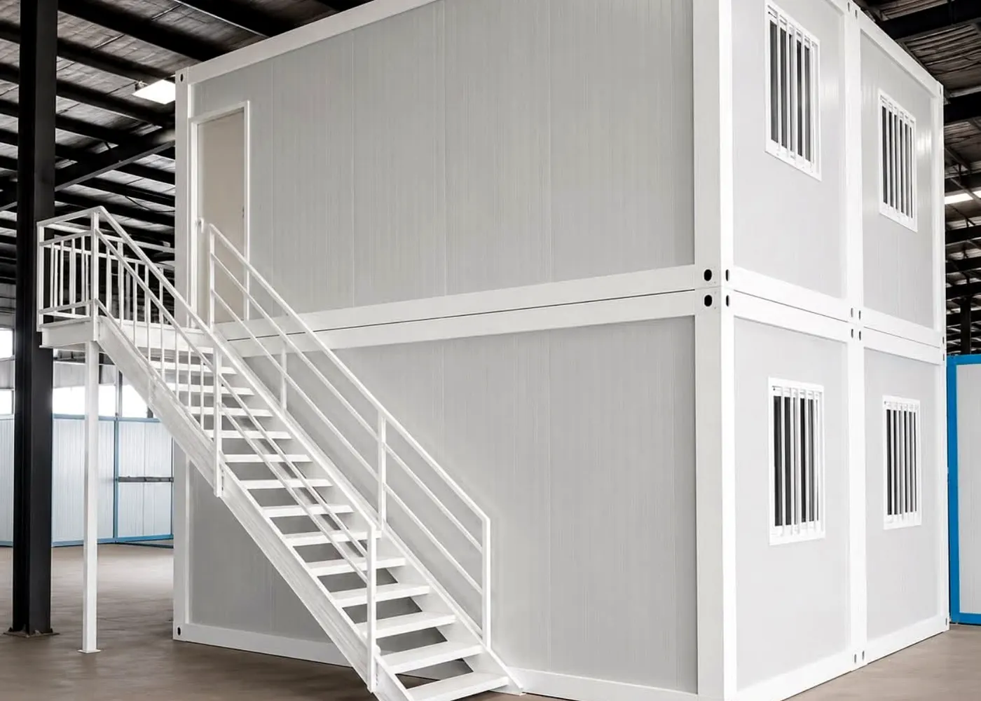 Bangunan modular putih dengan tangga samping