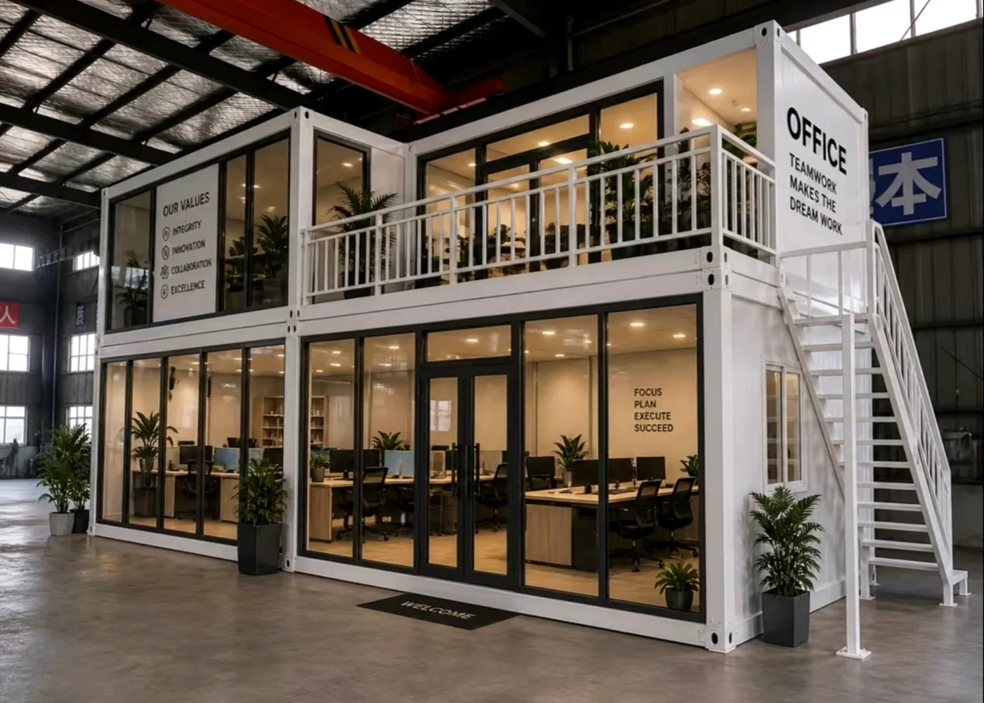 Kantor modular dengan fasad kaca